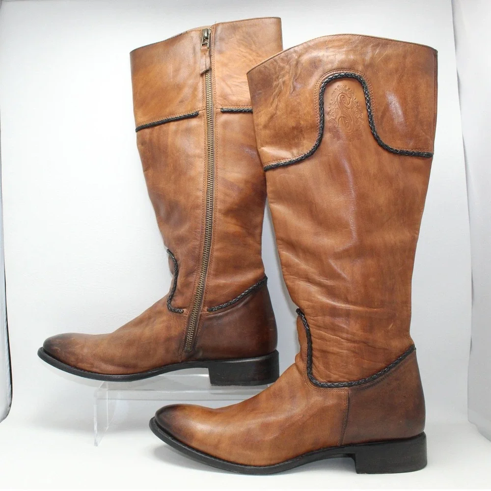 Sonora Tan Distressed Leather Tall Riding Boots Braided Trim Women 11 B SN 5228